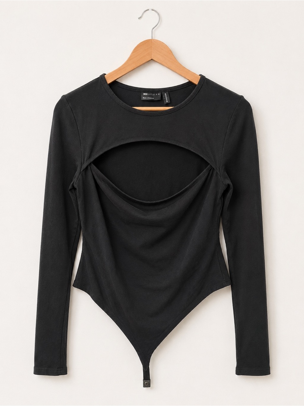 ASOS Black Long Sleeve Cutout Bodysuit with Front Drape